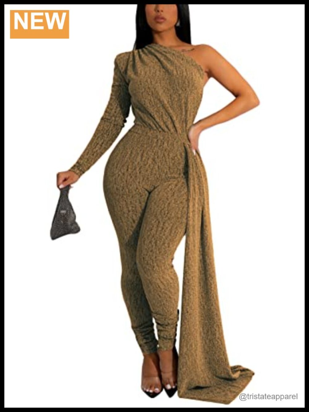 Sexy Sparkly One Shoulder Long Sleeve Bodycon Jumpsuit with Belt Rope, Party